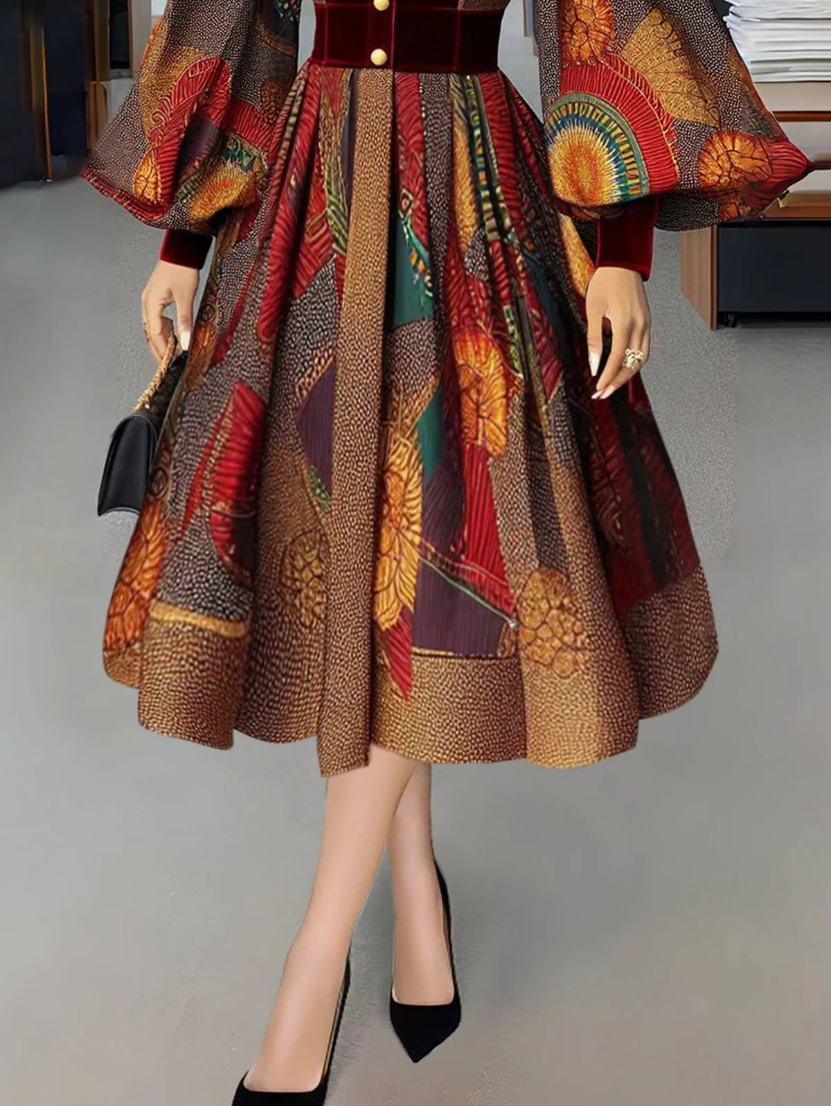 Elegant Women's Dress Ethnic Print Stand Collar Button Lantern Sleeve Velvet Midi Dress Evening Party Dress Women's Midi Dress