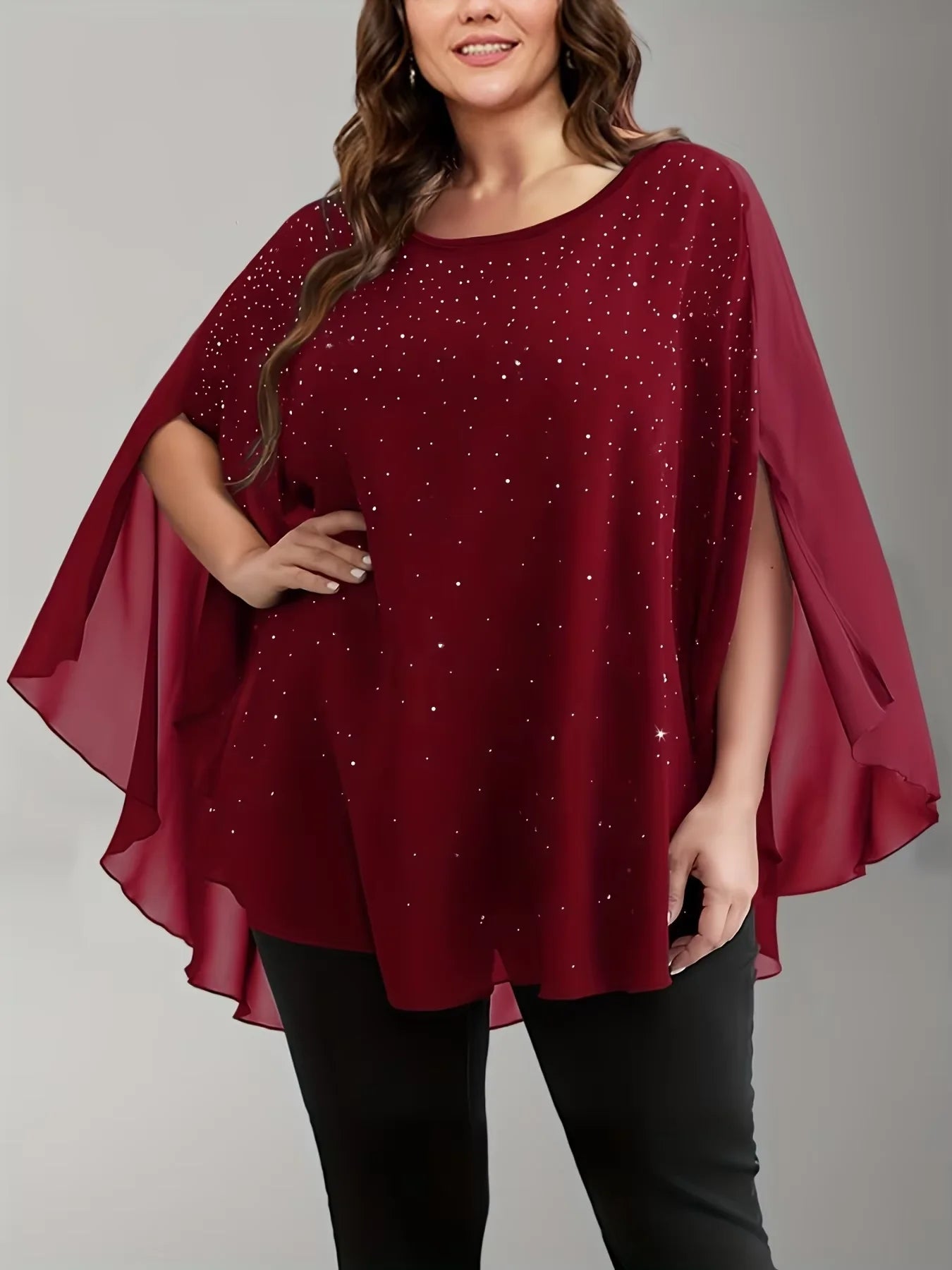 Plus Size Elegant Chiffon Crewneck Sequined Slit Sleeve Tops Office Lady Casual Vintage Summer T shirts for Women 2025 Tee T tops