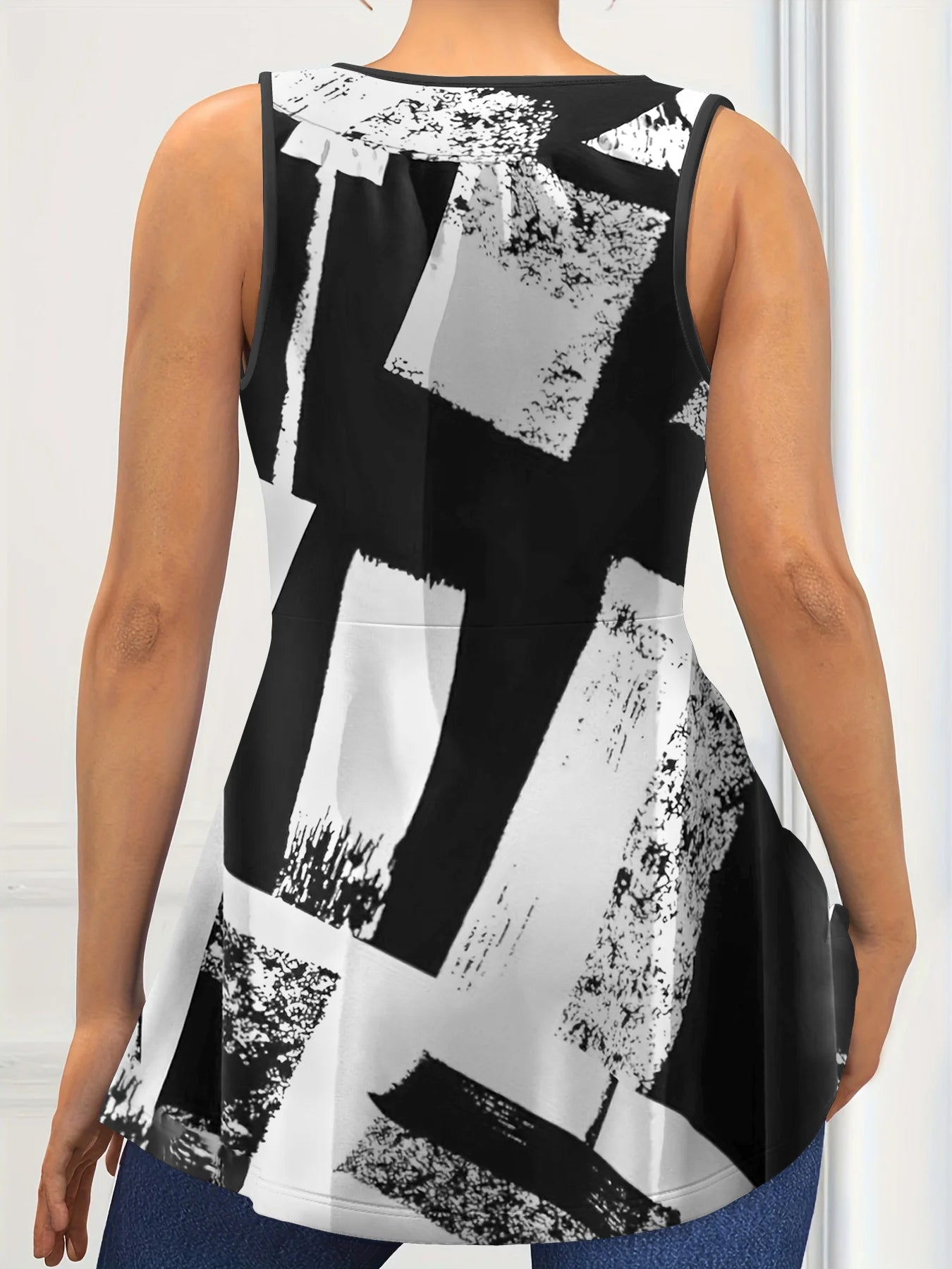 Plus Size Patchwork Print Tank Top, Casual V Neck Sleeveless Drawstring Tank Top For Summer, Women's Plus Size Clothing 2025