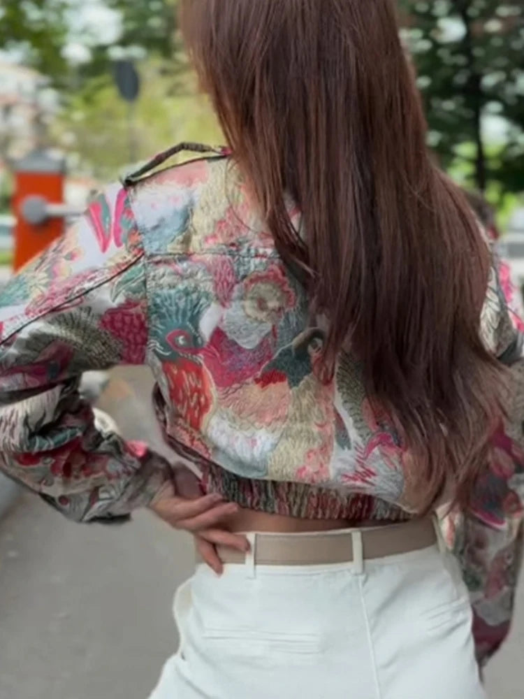 Street style autumn and winter new women's casual versatile stand-up collar long sleeve peacock print zipper jacket short coat