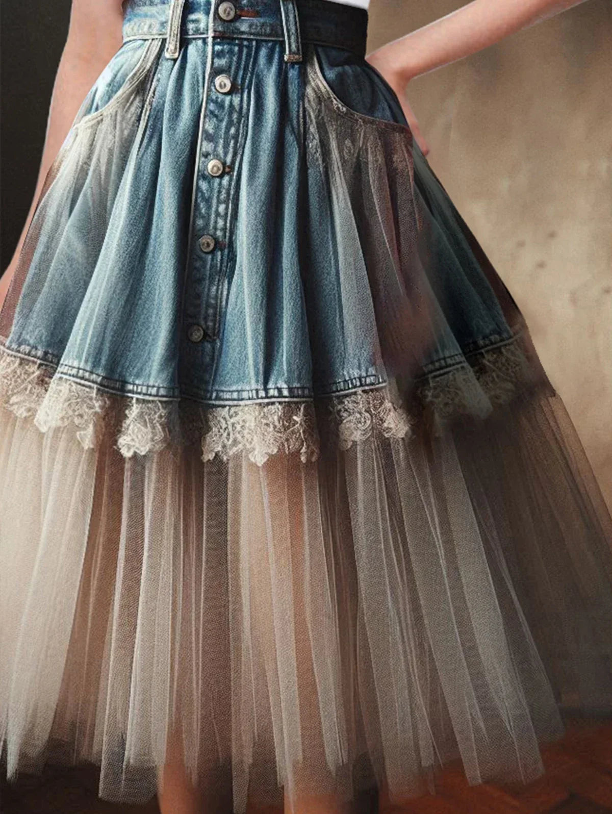 Women's Denim Skirt High Waist Denim Lace Tulle Patchwork A-Line Ruffled Tulle Pleated Midi Skirt 2025 Summer Y2k Fashion Skirt