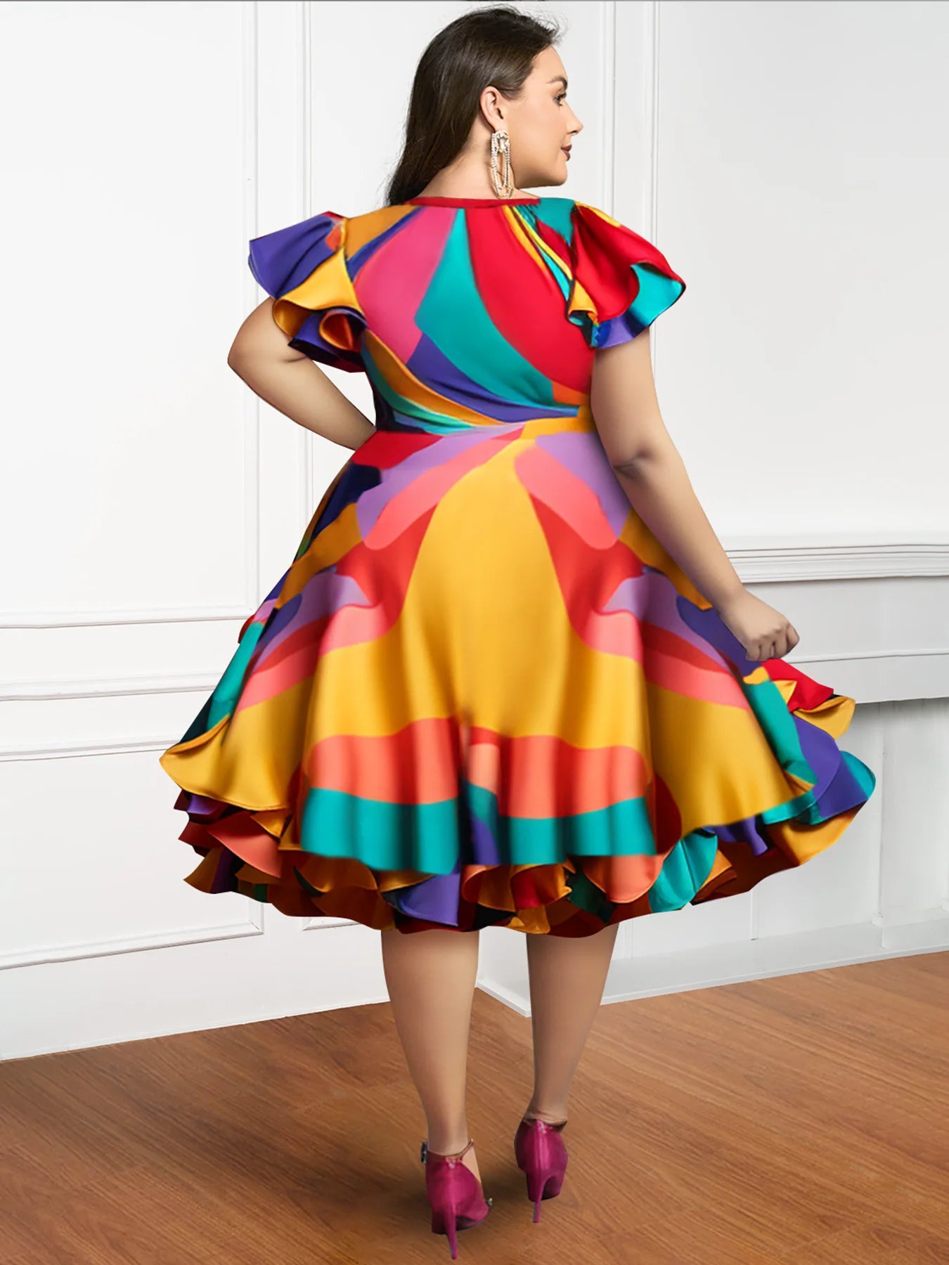 Pleated A-Line Ruffle Prom Dresses Plus Size Multicolor Round Neck Petal Sleeve Short Sleeve Elegant Sweet Satin Midi Dresses