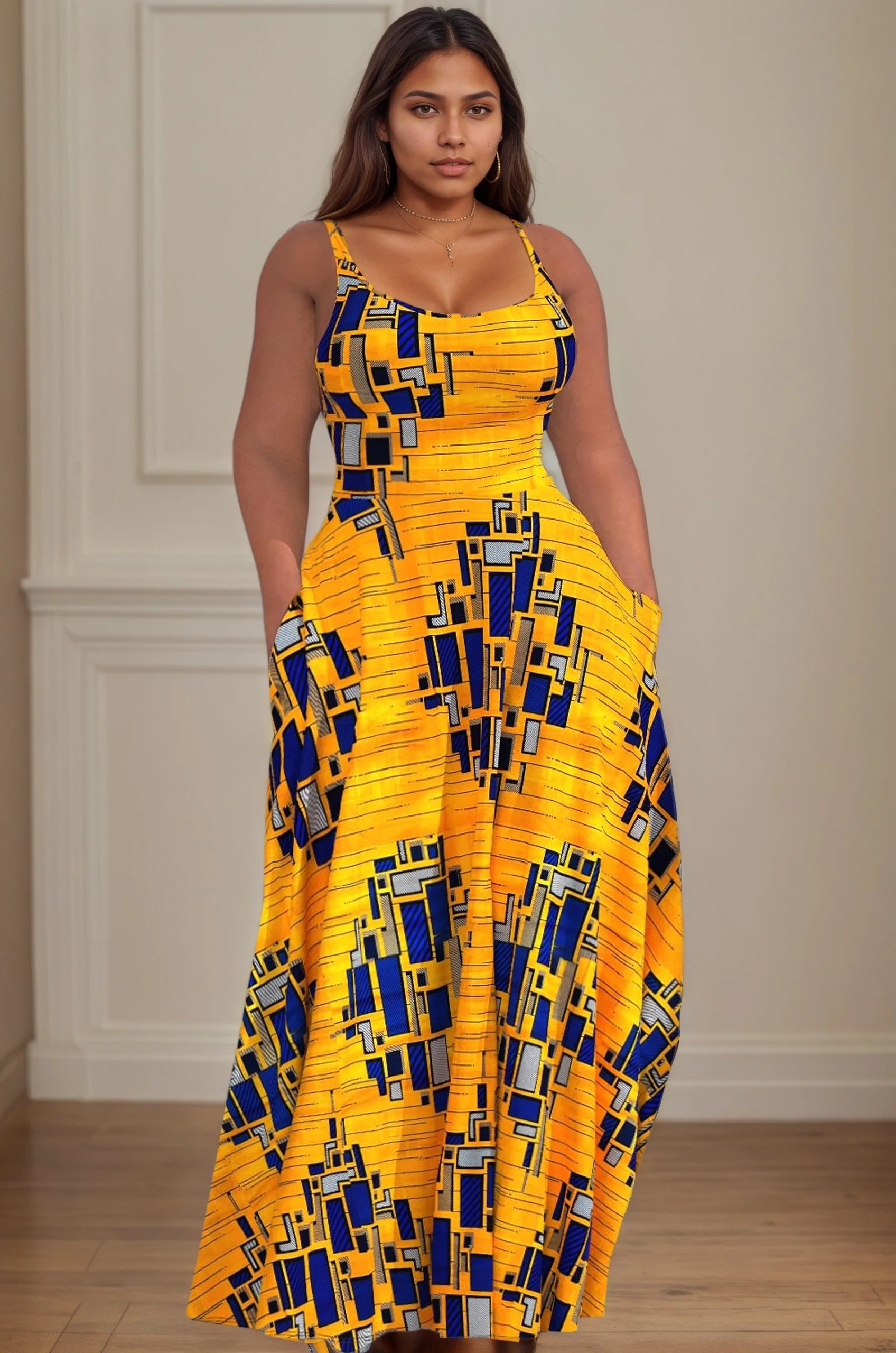 Women Summer Dresses Beach Geometric Print Tank Dress U Neck Sleeveless Sundress Pocket Maxi Dress Plus Size Women Clothing