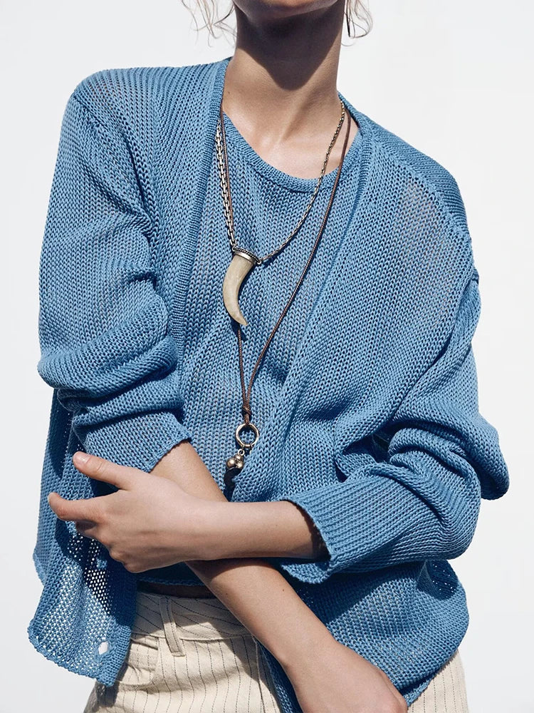 European and American style Summer new products Women's clothing All-match V-neck long-sleeved casual knitted jacket