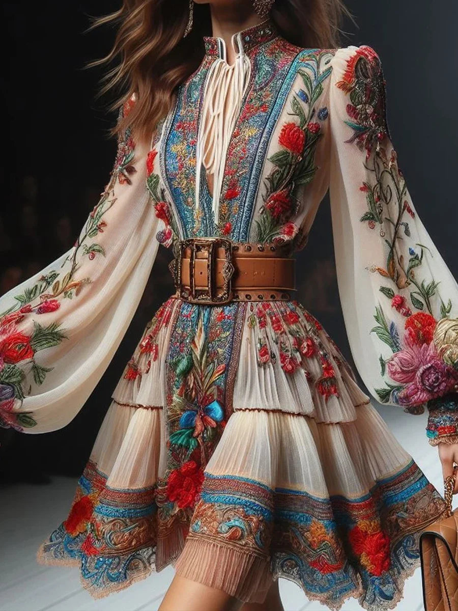 Bohemian Ethnic Style Women's Mini Dress Fashion O-Neck Lantern Sleeves Retro Floral Pattern Print Lace-Up Mini Dresses 2025