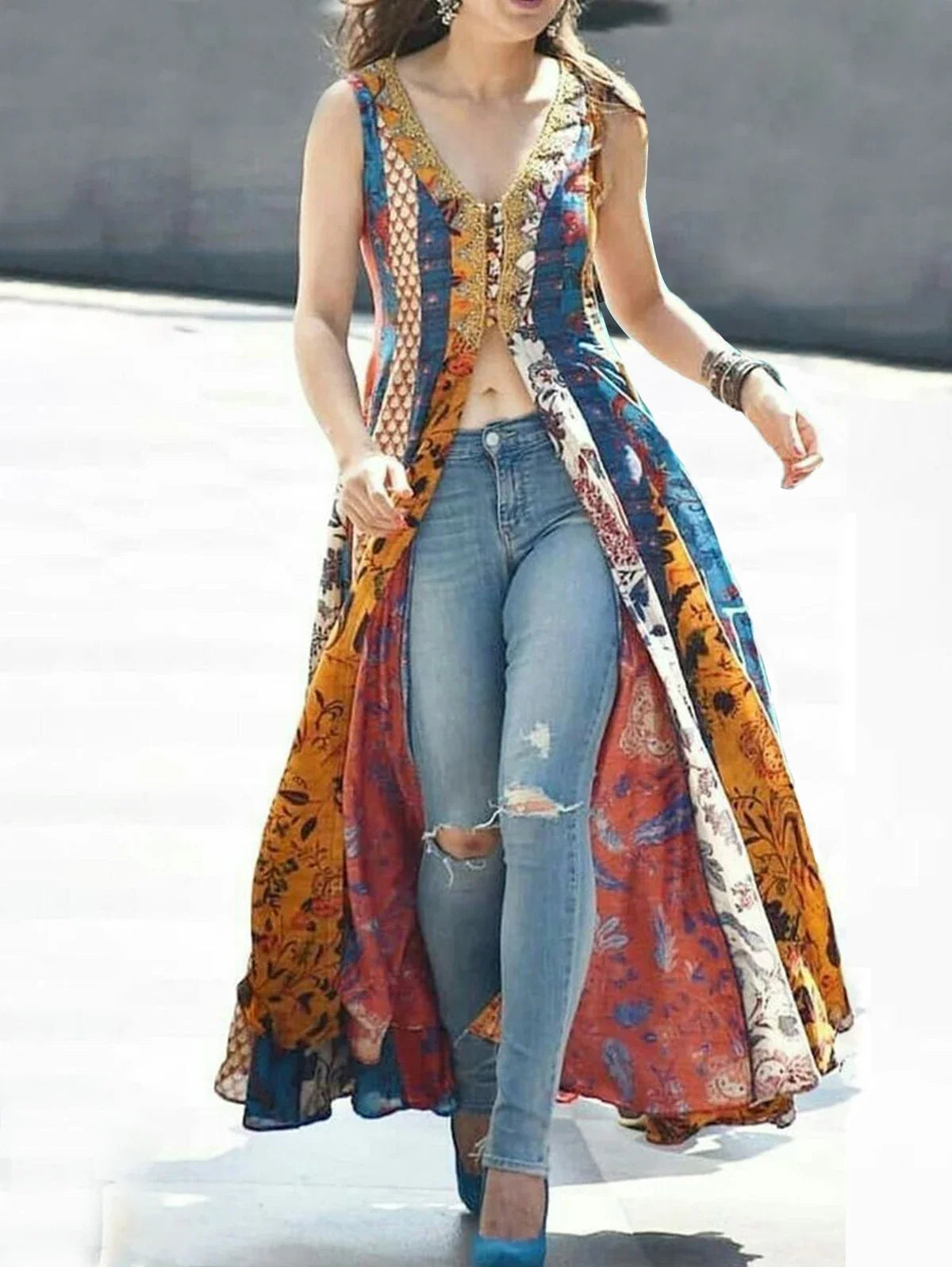 Sexy Deep V Neck Dress Women Ethnic Floral High Split Maxi Tank Dress Sleeveless Summer Party Dresses Vestidos Para Mujer 2025