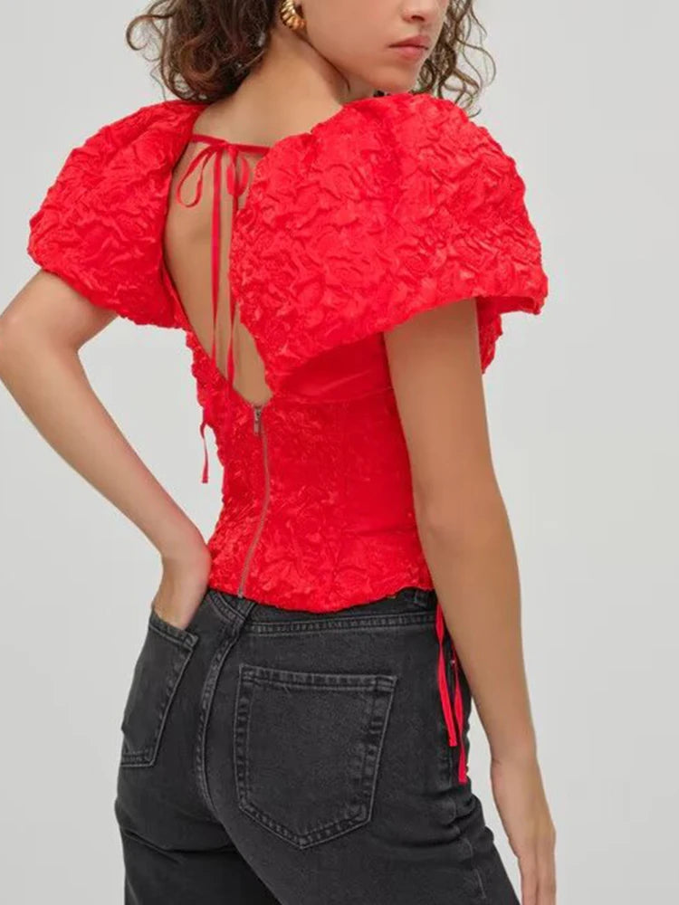 European and American style summer new women's clothing French texture V-neck puff sleeves sexy backless lace-up design top