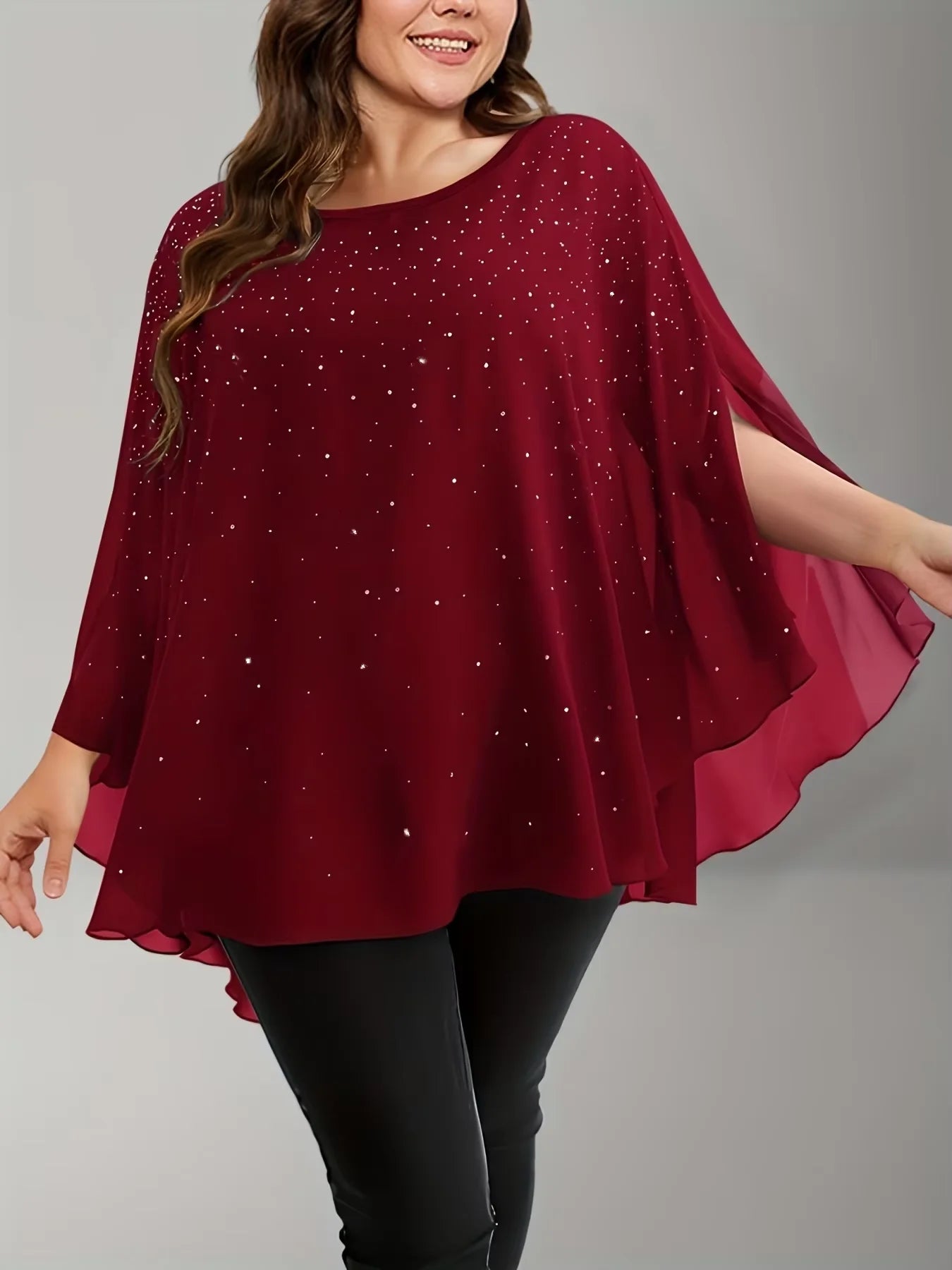 Plus Size Elegant Chiffon Crewneck Sequined Slit Sleeve Tops Office Lady Casual Vintage Summer T shirts for Women 2025 Tee Tops