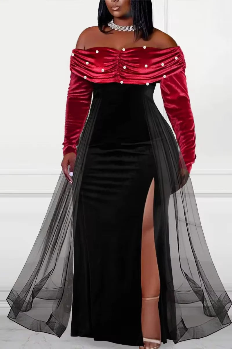 Women's Plus Size Formal Dress Off The Shoulder Pearl-Embellished Overlay Skirt Velvet Split Maxi Dress Party Evening Dress