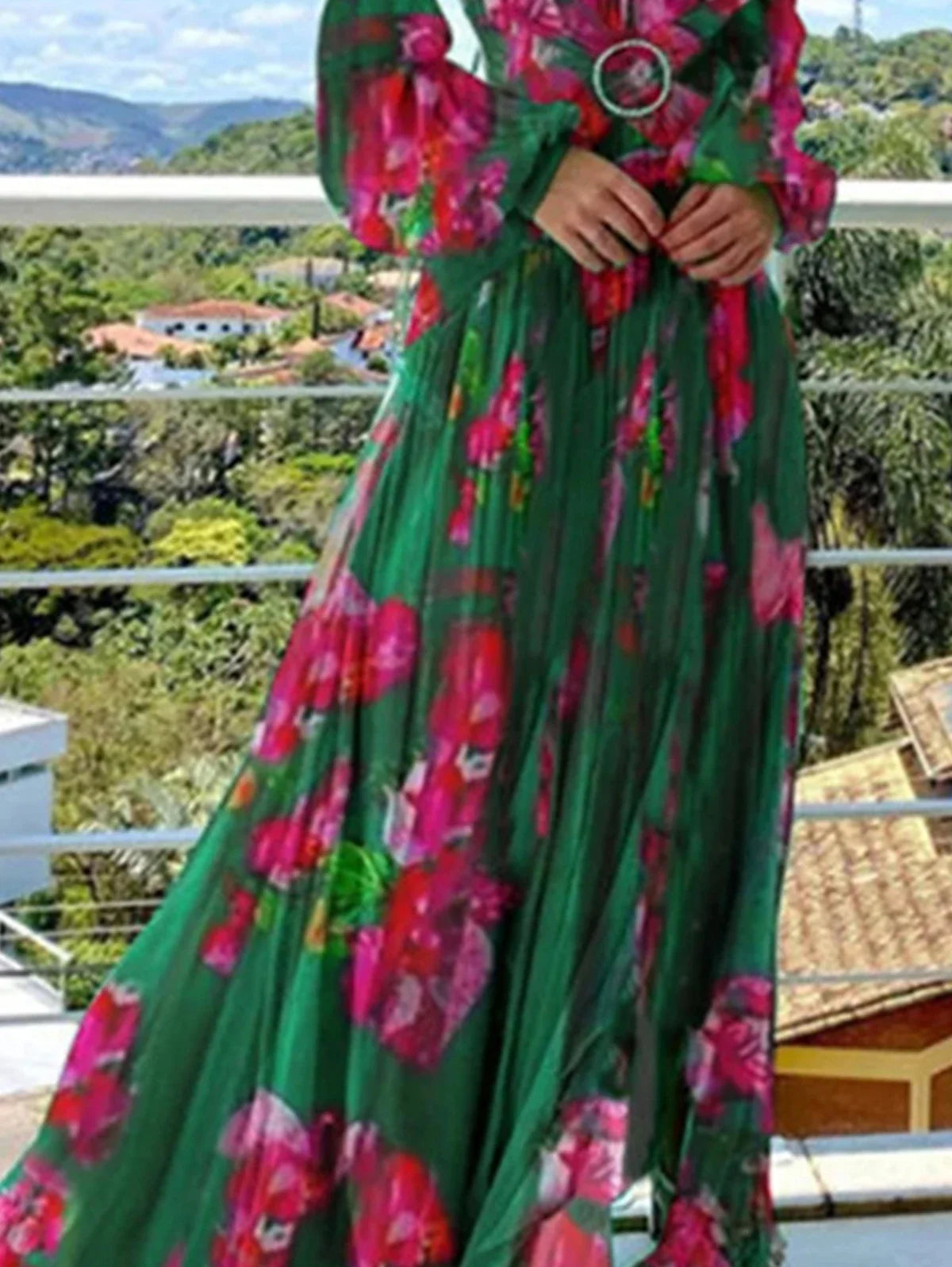 Sexy Deep V Neck Printed Long Dress Women Fashion Lantern Sleeveless Vestidos 2025 Summer Lady Beach Style Maxi Pleated Dress