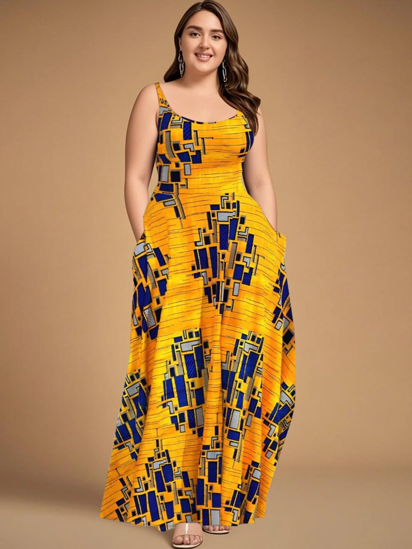 Women Summer Dresses Beach Geometric Print Tank Dress U Neck Sleeveless Sundress Pocket Maxi Dress Plus Size Women Clothing