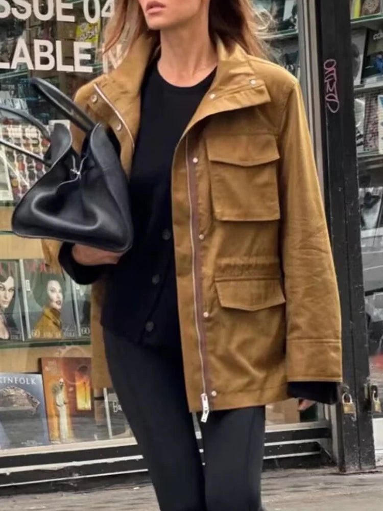 European and American style summer new women's clothing fashionable versatile pocket decoration high collar long sleeve jacket