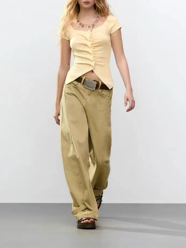 European and American style women's clothing spring new style fashionable simple pleated decorative knitted top