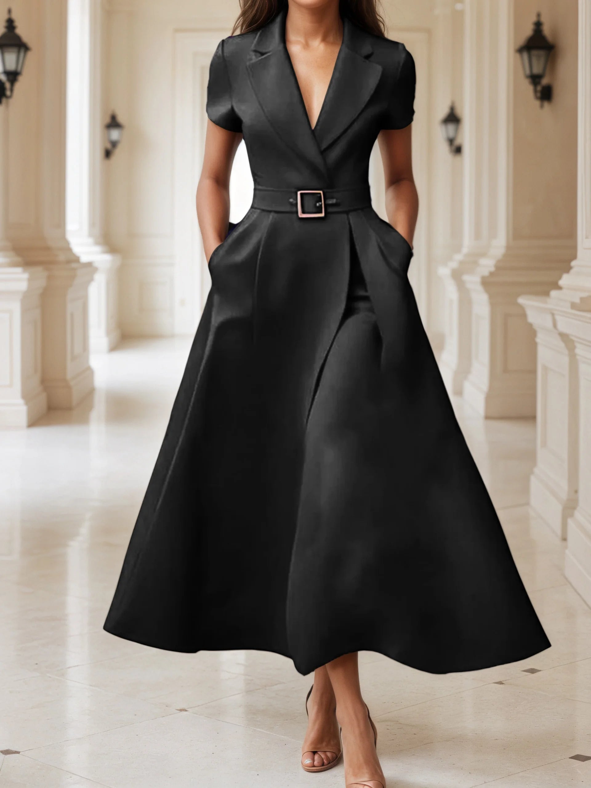 Elegant Black Women's Dress Office Lady Temperament Short Sleeve A-Line Long Dress Female Midi Party Vestidos Robe With Belt
