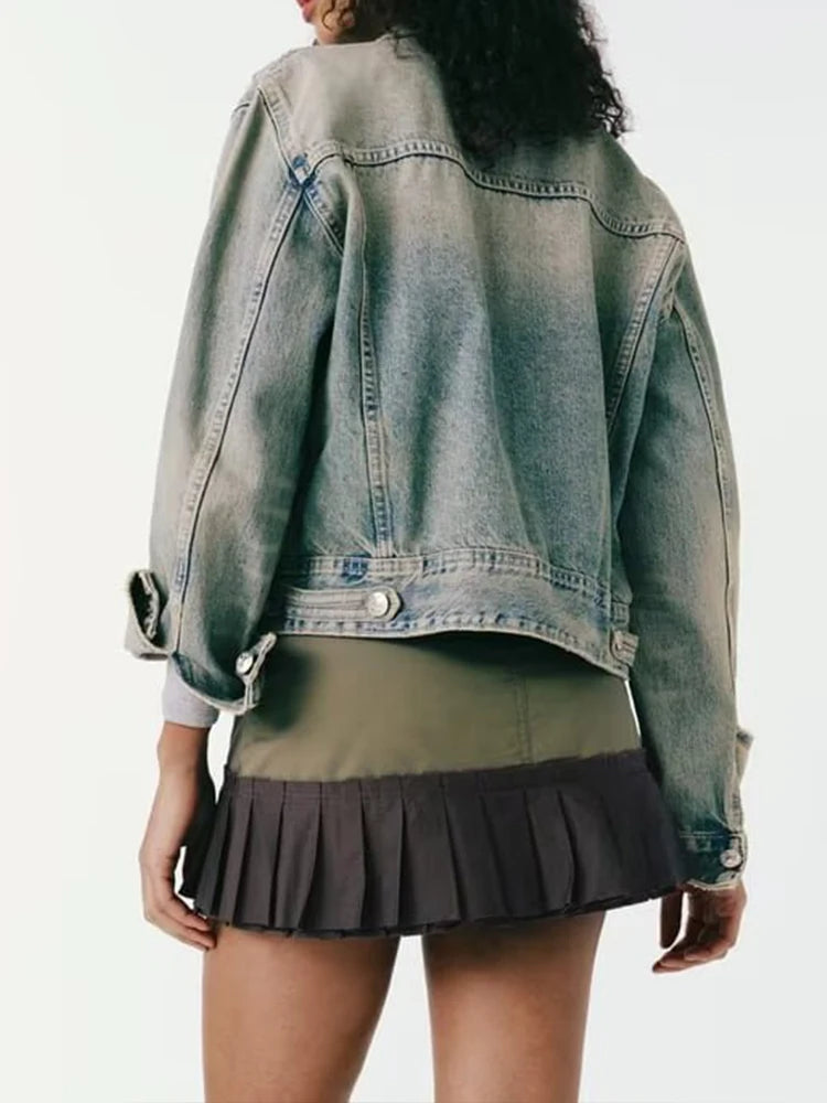 European and American style women's clothing Spring new style Fashionable and versatile casual lapel denim jacket