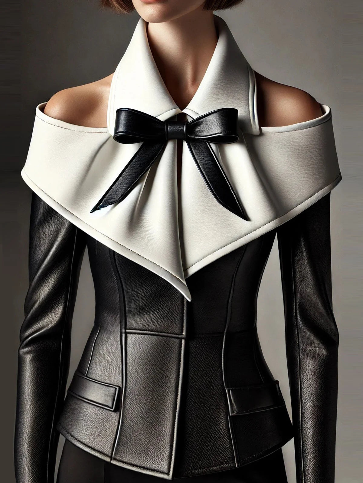Sweet Women PU Leather Top Cold Shoulder Faux Leather Bow Decoration Black and White PU Blouse Slim Fit High Street Streetwear