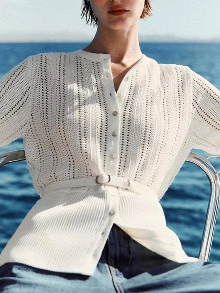 European and American style summer new women's clothing fashionable and versatile belt jacquard mesh knitted casual jacket