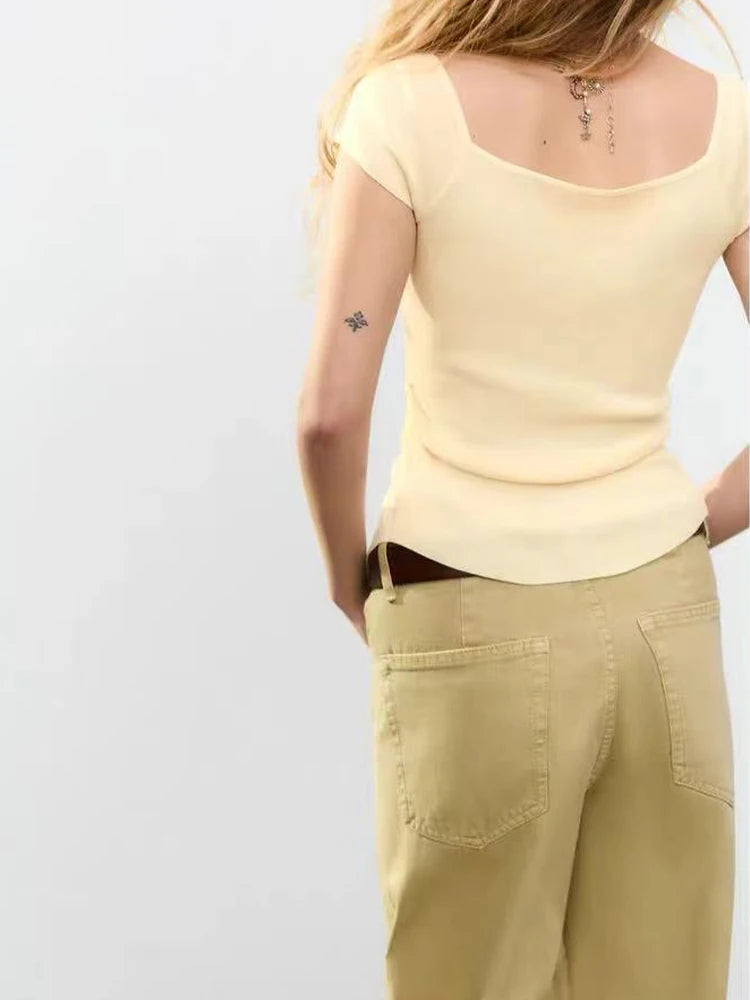 European and American style women's clothing spring new style fashionable simple pleated decorative knitted top