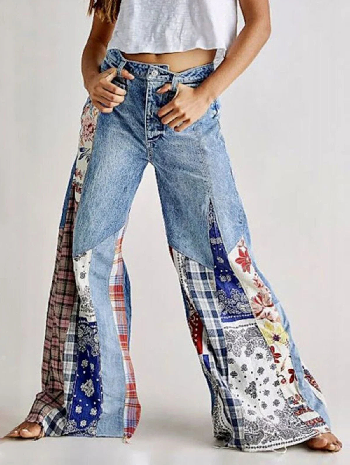Women's Patchwork Denim Big Flare Pants Vintage Zipper Streetwear Pocket Wide Leg Mid-Waist Jeans Pants Spring Autumn 2024