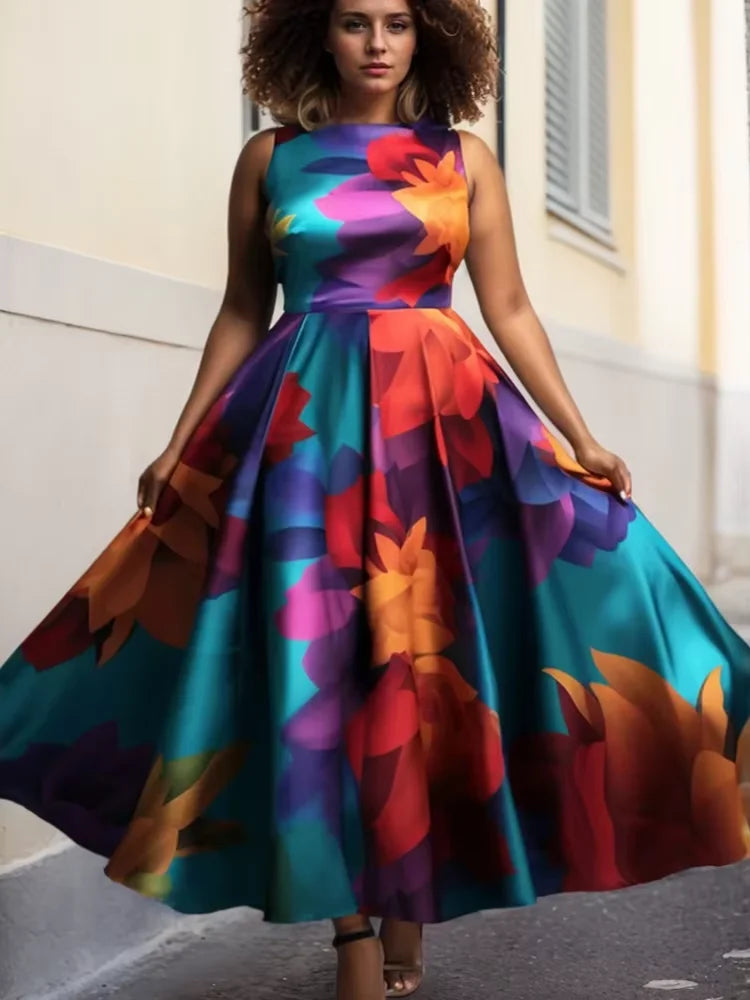 Elegant A-Line Women Long Dress Plus Size Multicolor Flower Print Round Neck Sleeveless Fashion Sweet Summer Female Tank Dress