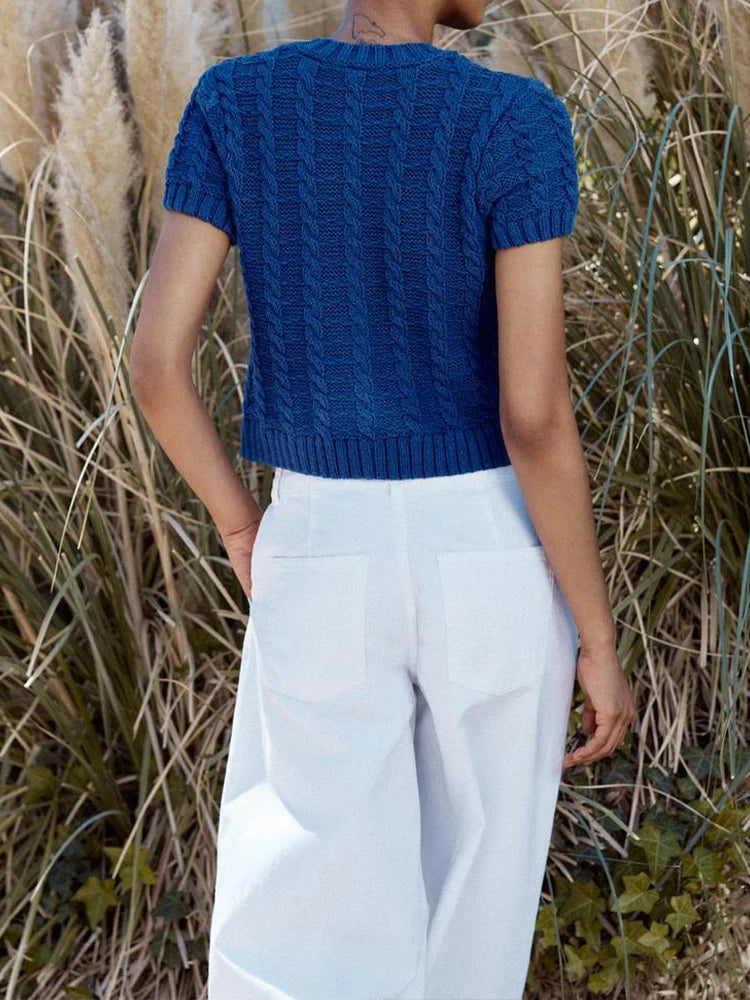 European and American style summer new products Women's clothing Simple round neck short sleeve embossed knitted jacket