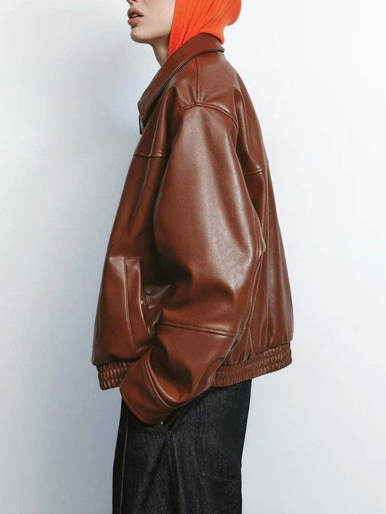 European and American style summer new women's clothing high-end fashion lapel long-sleeved imitation leather jacket coat