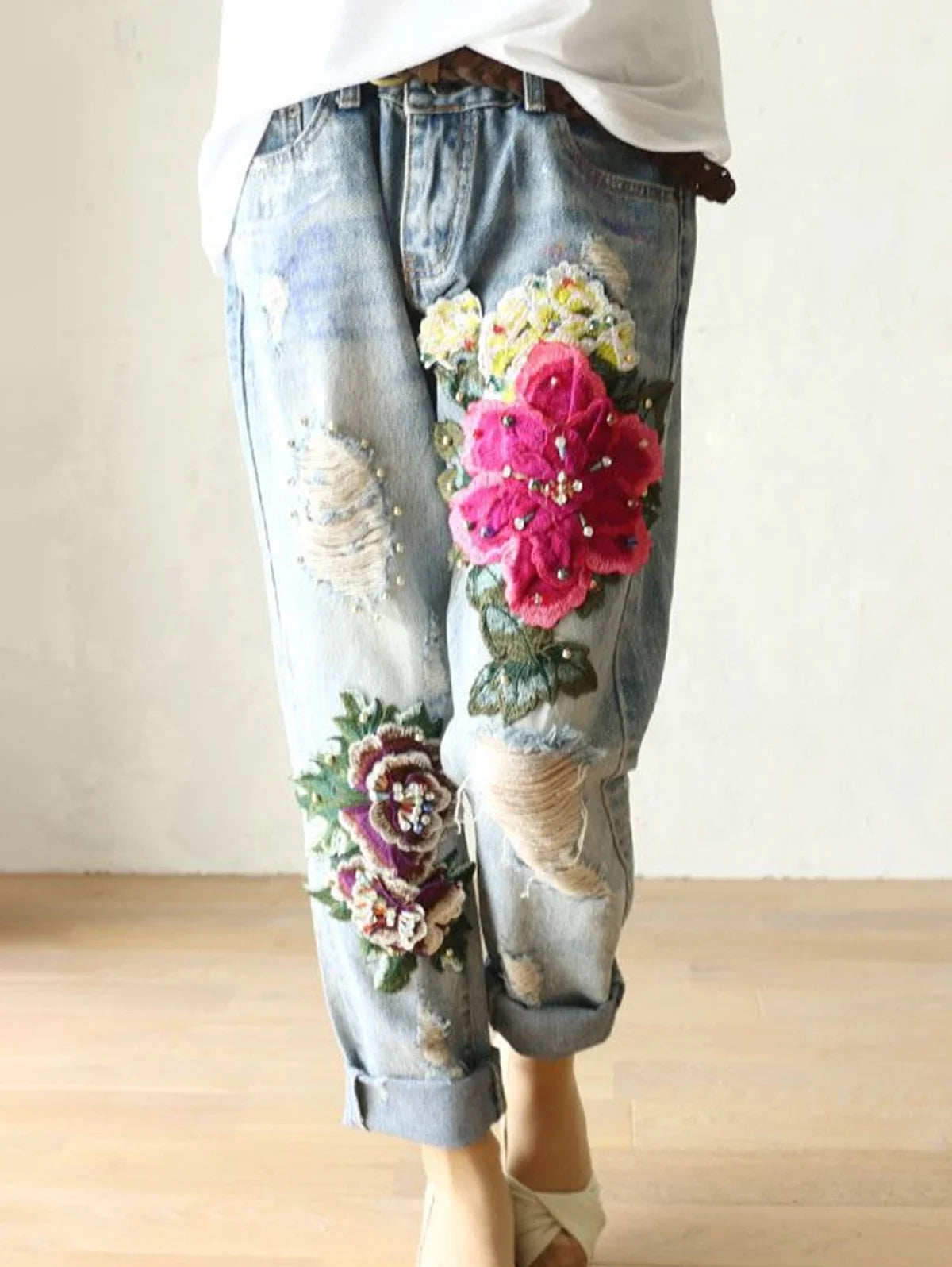 Daily Flower Embroidery Ripped Pearl Decor Denim Jeans for Women Fashion Harajuku Trend Casual Street Straight Denim Trousers