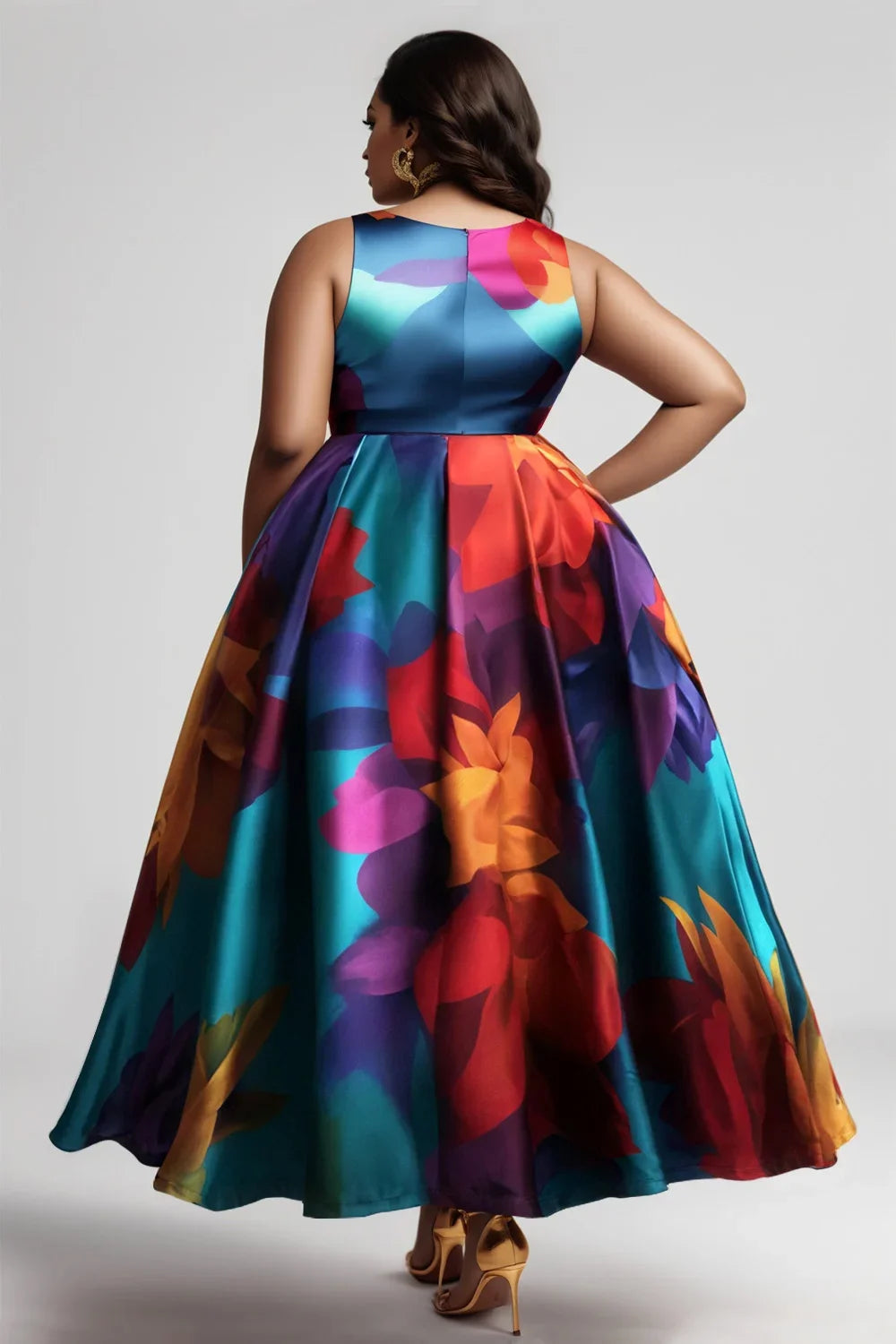 PLUS SIZE Floral Printed Tank Dress for Women Round Neck Pleated A-Line Vintage Elegant Sleeveless Summer Female Long Dress