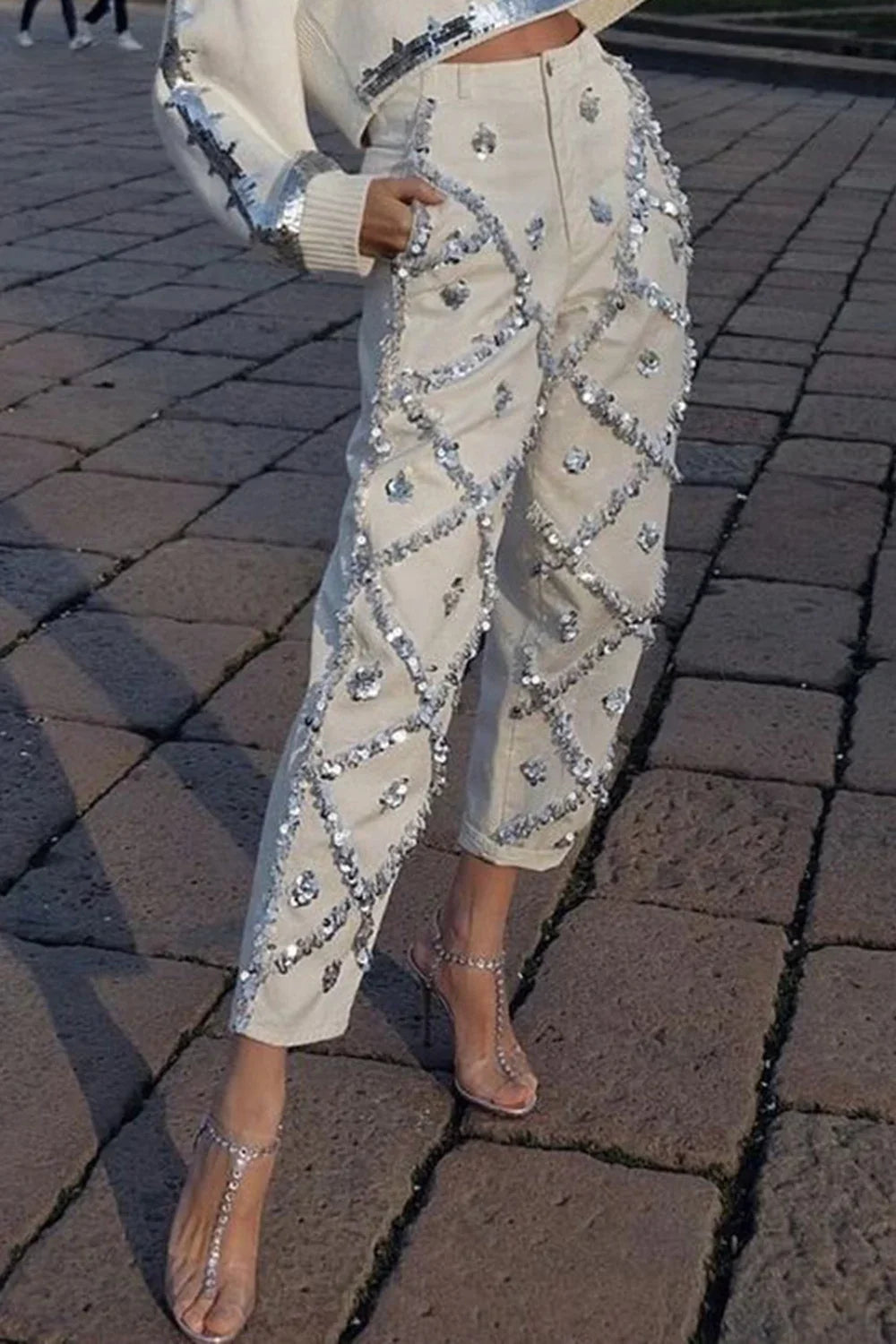 Sequin Decor Straight Leg Denim Jeans for Women High Wait Elegant Casual Pockets Vintage Diamond Denim Pencil Pants Trousers