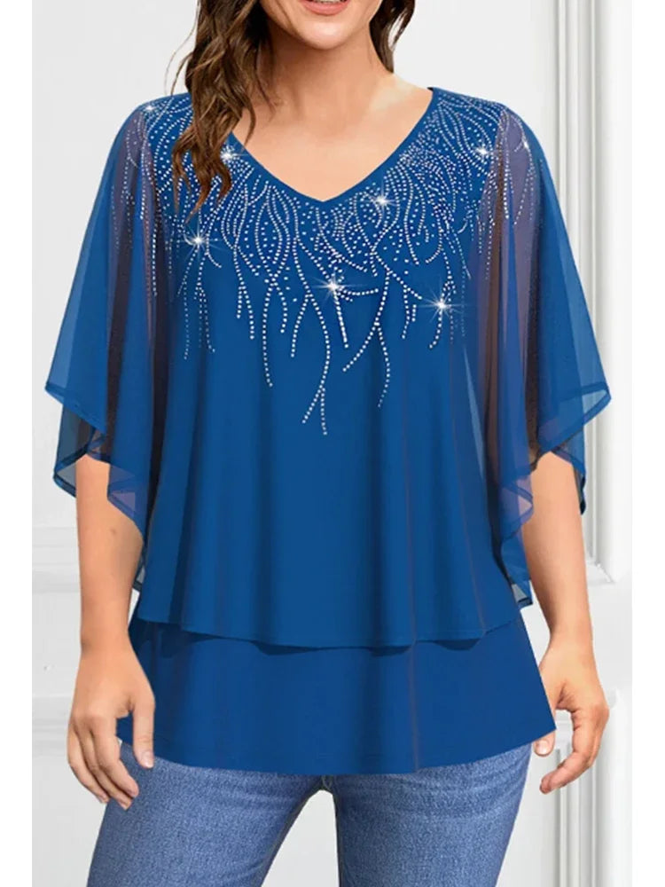 Women's Plus Size Short Sleeve T shirt Chiffon V-Neck Sparkly Layered Loose Casual Fashion Summer Tee Top Female Clothing