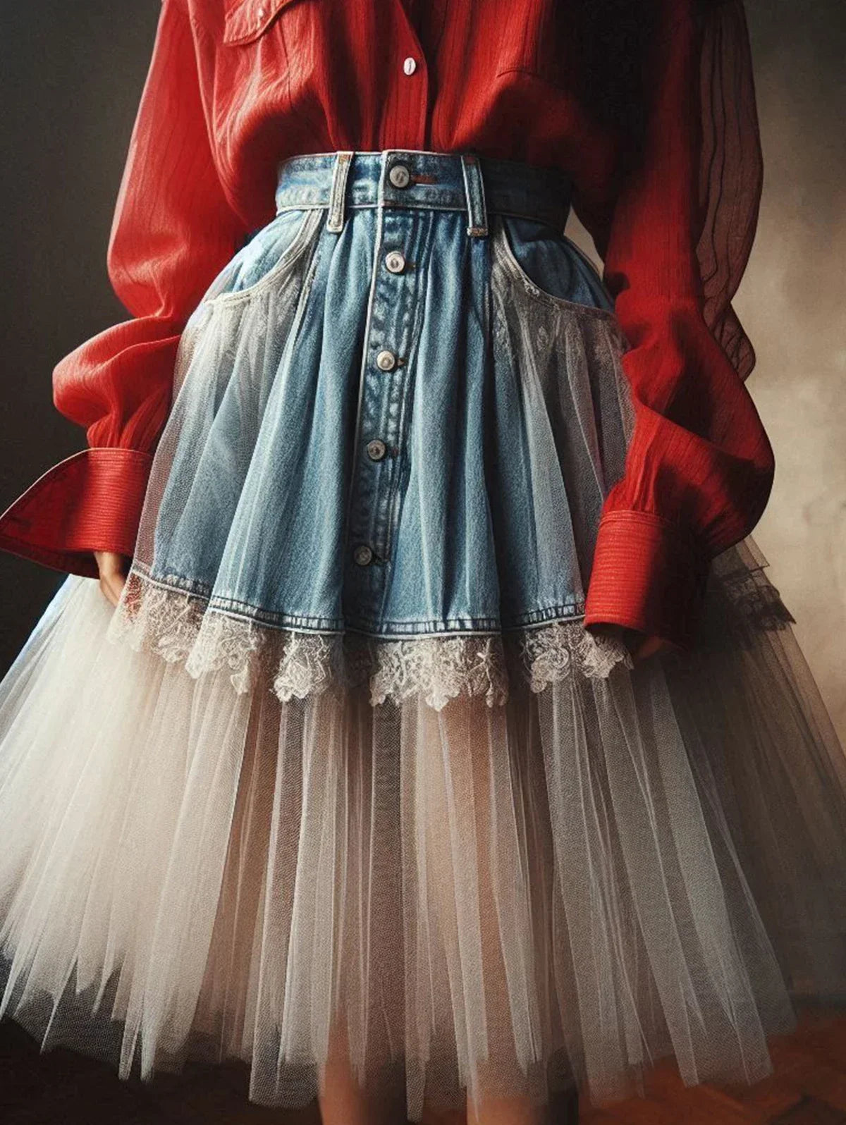 Women's Denim Skirt High Waist Denim Lace Tulle Patchwork A-Line Ruffled Tulle Pleated Midi Skirt 2025 Summer Y2k Fashion Skirt