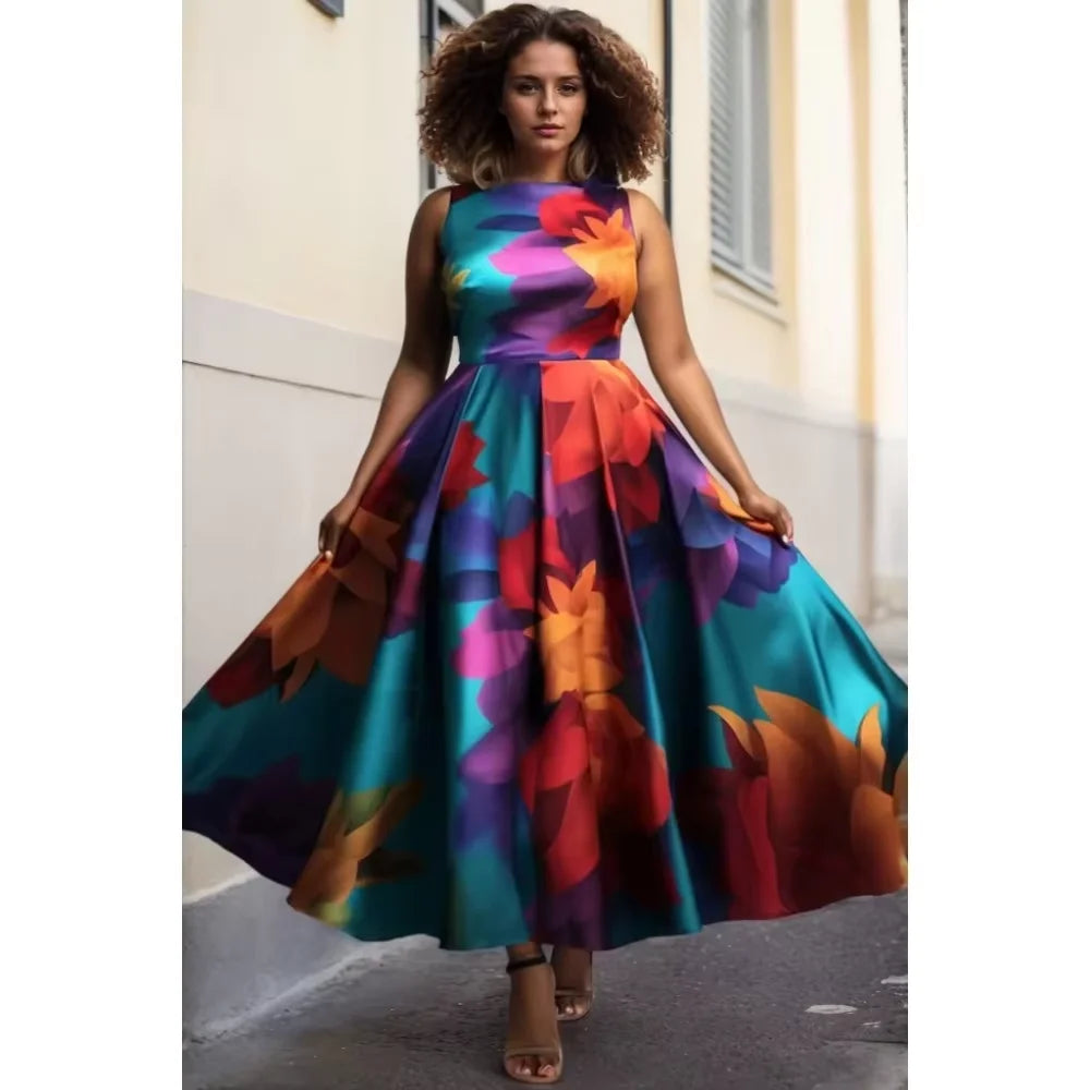 PLUS SIZE Floral Printed Tank Dress for Women Round Neck Pleated A-Line Vintage Elegant Sleeveless Summer Female Long Dress