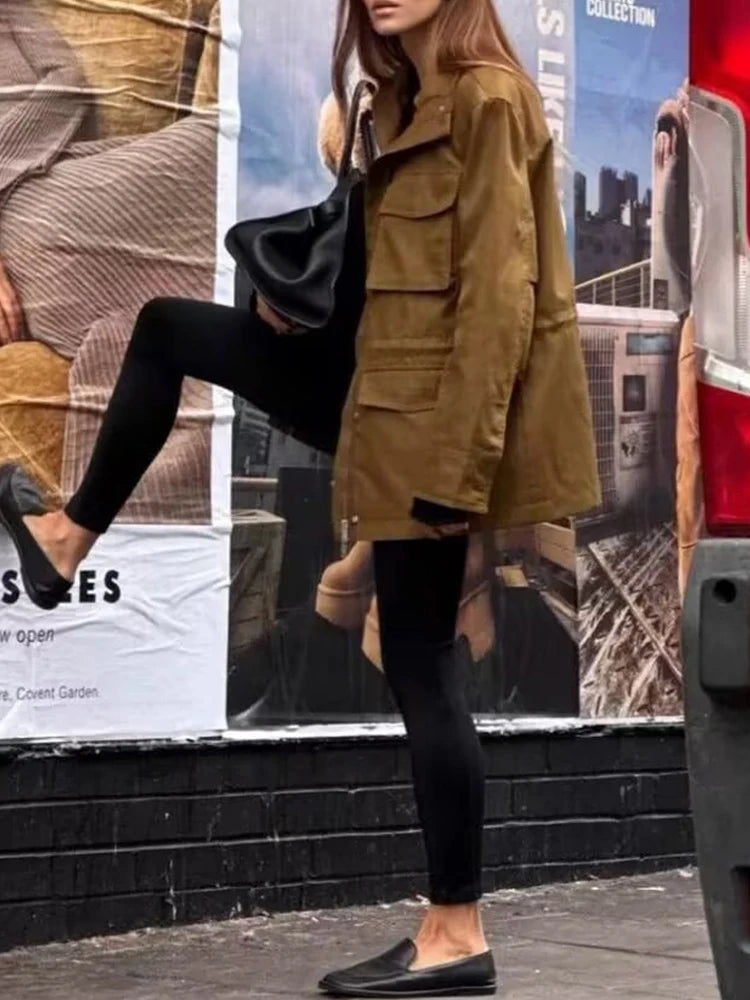 European and American style summer new women's clothing fashionable versatile pocket decoration high collar long sleeve jacket