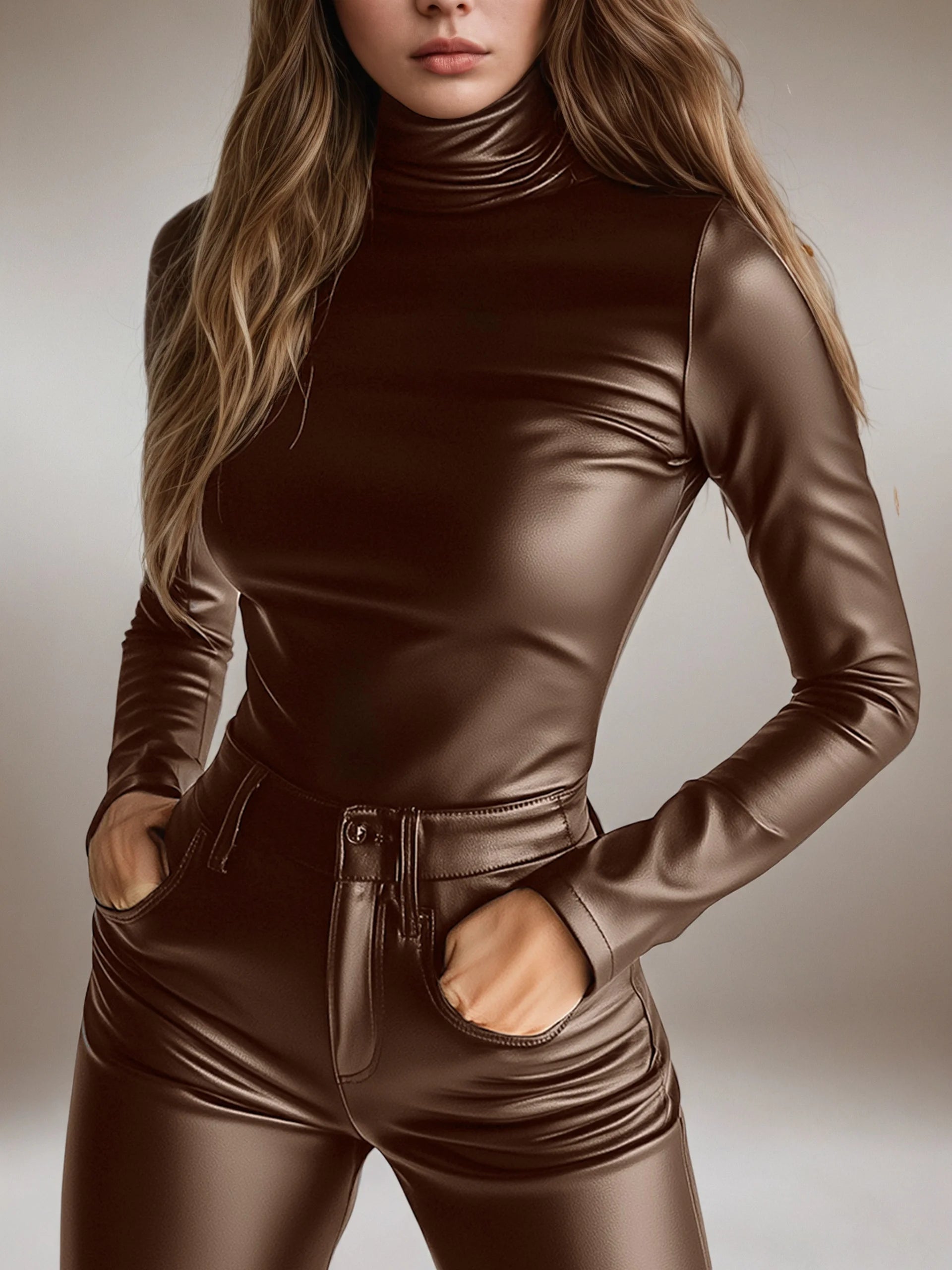 Turtleneck PU Leather T Shirt Women Long Sleeve Tee 2025 Spring Autumn Slim Solid Tshirts Womens Clothing Camisetas De Mujer