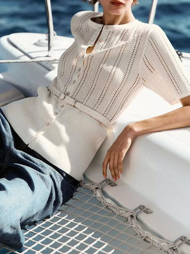 European and American style summer new women's clothing fashionable and versatile belt jacquard mesh knitted casual jacket