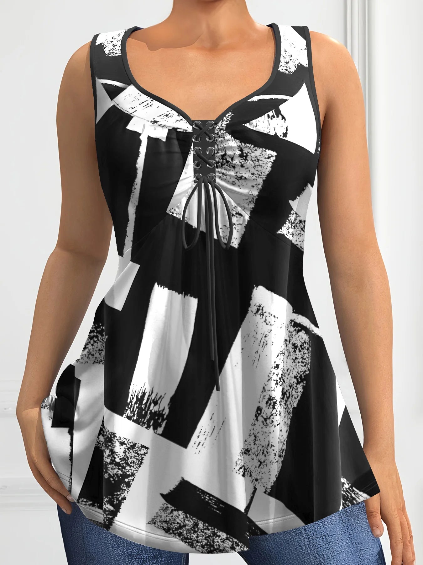 Plus Size Patchwork Print Tank Top, Casual V Neck Sleeveless Drawstring Tank Top For Summer, Women's Plus Size Clothing 2025