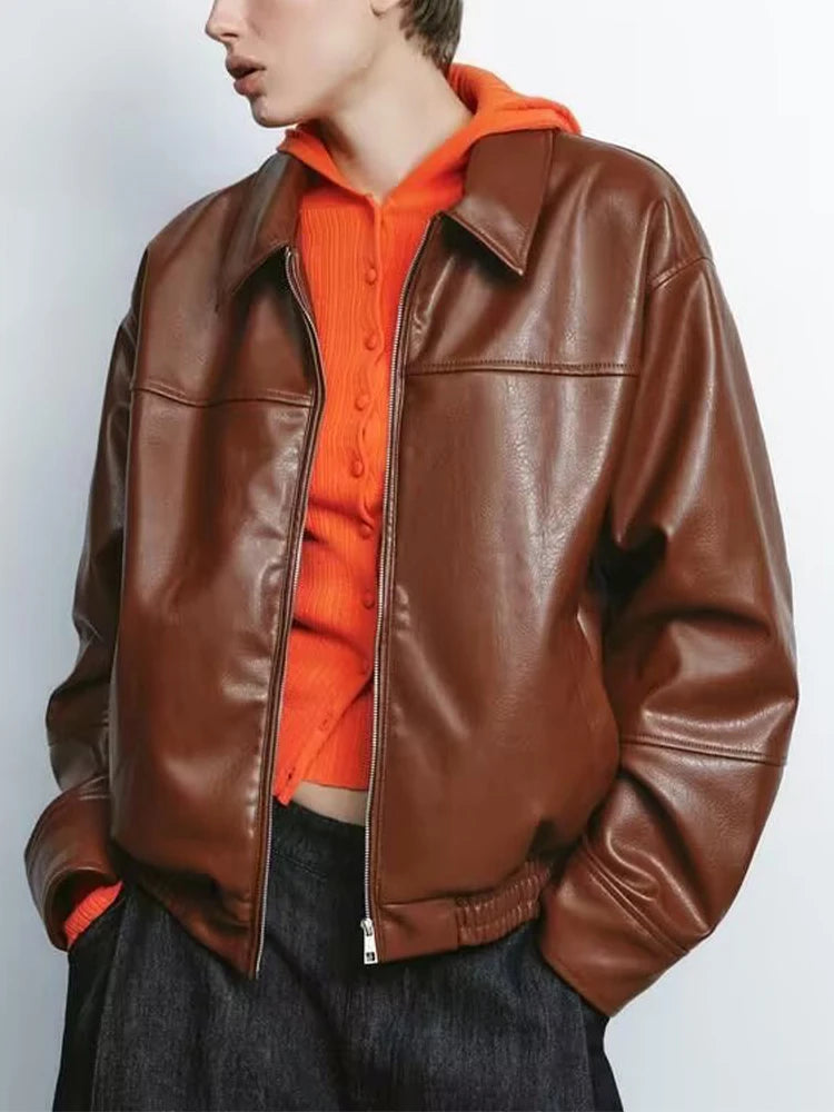 European and American style summer new women's clothing high-end fashion lapel long-sleeved imitation leather jacket coat