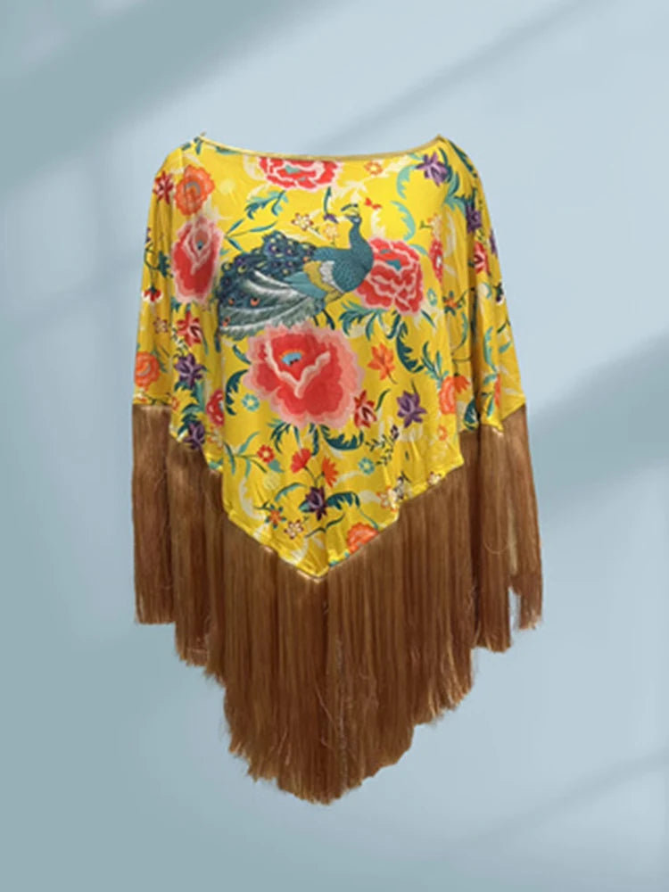 Women's Bohemian T-shirt Fashion Flower Top Vintage Elegant Irregular Spliced Tassel Hem Cape Cloak Pullover Women's Clothing