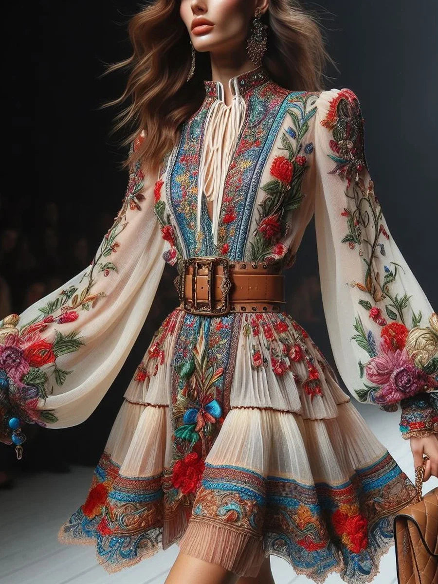 Bohemian Ethnic Style Women's Mini Dress Fashion O-Neck Lantern Sleeves Retro Floral Pattern Print Lace-Up Mini Dresses 2025