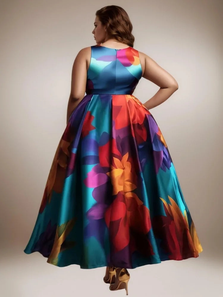 Elegant A-Line Women Long Dress Plus Size Multicolor Flower Print Round Neck Sleeveless Fashion Sweet Summer Female Tank Dress