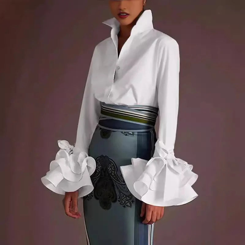 2025 New Autumn Elegant Flared Sleeves Blouses Fashion Bow-Embellished Falbala Solid Color Lapel Shirts Tops For Women